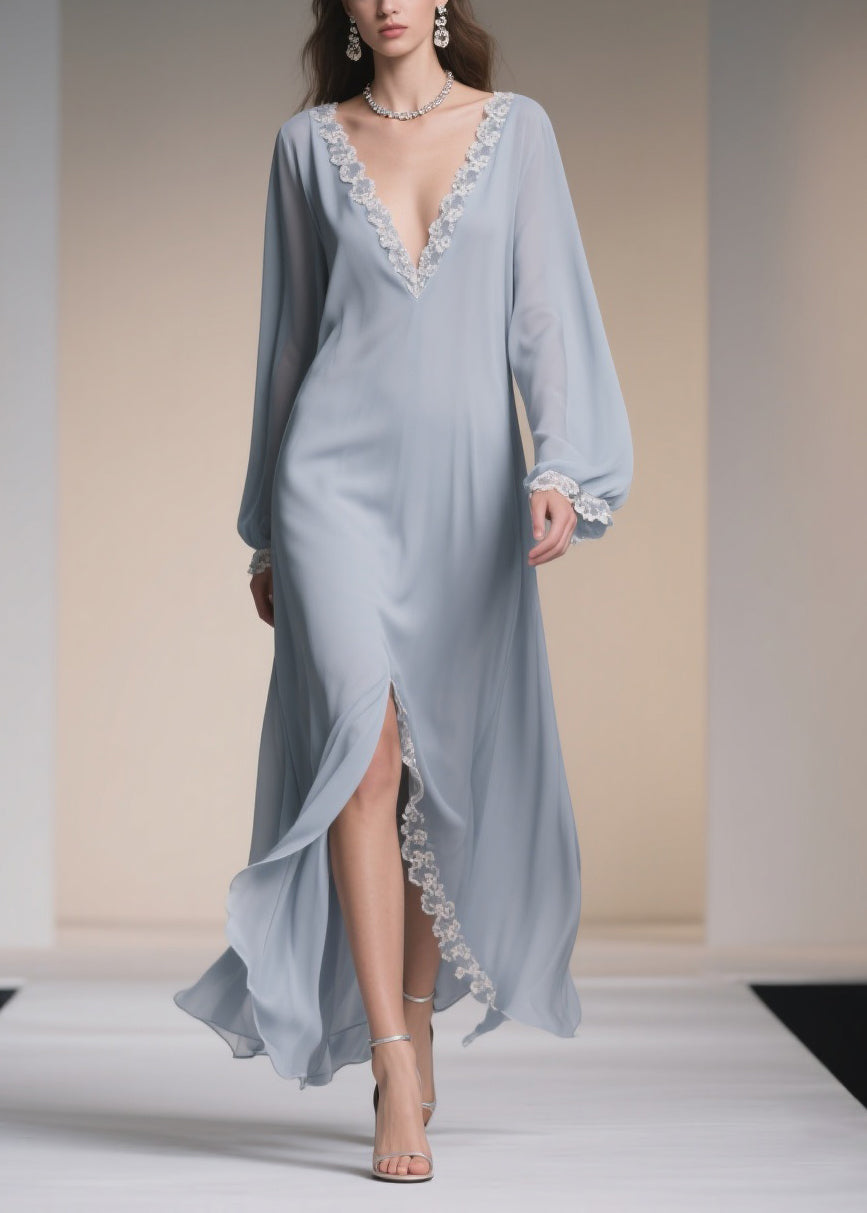 Plus Size Light Blue V Neck Lace Side Open Chiffon Dresses Spring