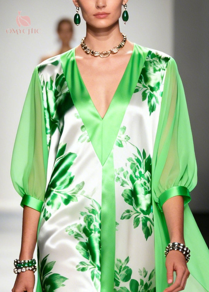 Plus Size Light Green V Neck Print Chiffon Ankle Dress Summer