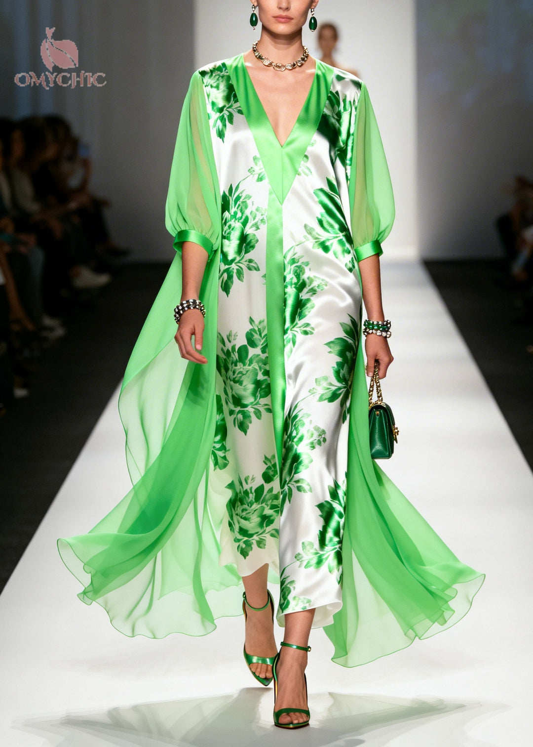 Plus Size Light Green V Neck Print Chiffon Ankle Dress Summer