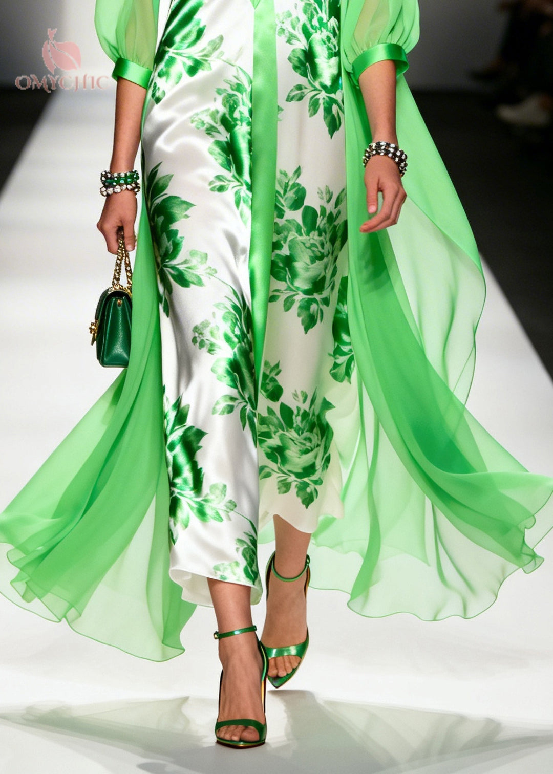 Plus Size Light Green V Neck Print Chiffon Ankle Dress Summer