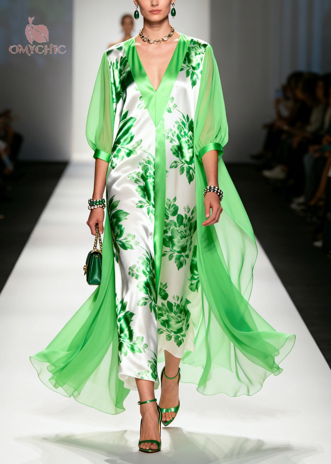 Plus Size Light Green V Neck Print Chiffon Ankle Dress Summer