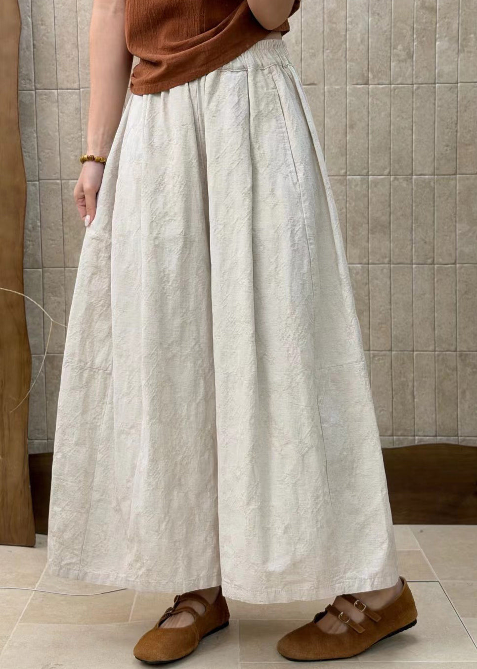 Plus Size Linen Elastic Waist Patchwork Cotton Wide Leg Pants Fall