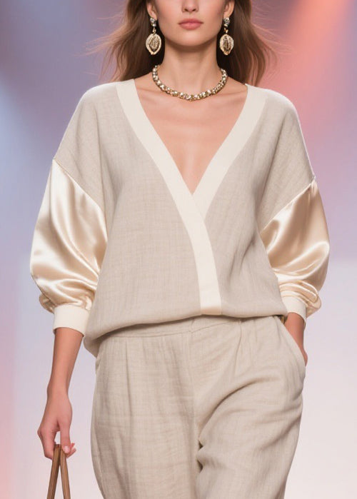 Plus Size Linen V Neck Pockets Silk Patchwork Tops And Crop Pants Two Piece Set Spring - Omychic