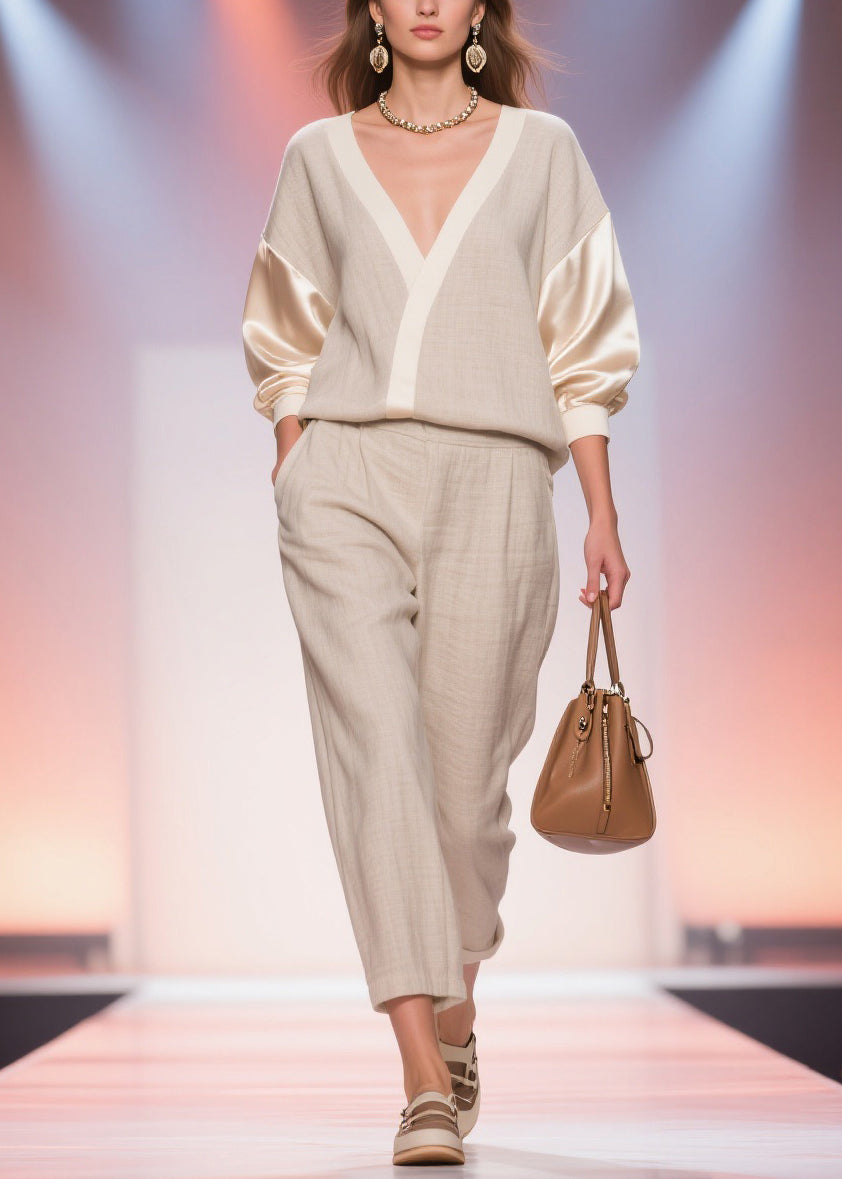 Plus Size Linen V Neck Pockets Silk Patchwork Tops And Crop Pants Two Piece Set Spring - Omychic