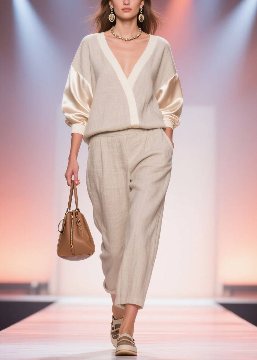 Plus Size Linen V Neck Pockets Silk Patchwork Tops And Crop Pants Two Piece Set Spring - Omychic
