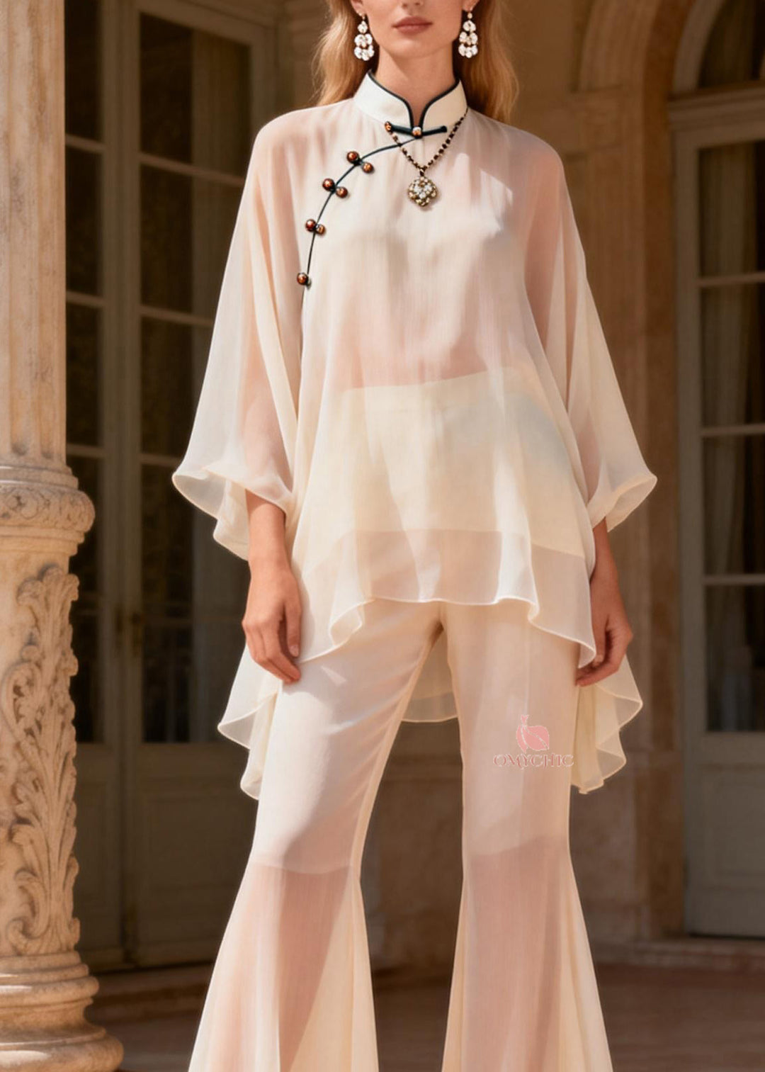 Plus Size Mandarin Collar Top And Pants Silk Two Piece Set Summer