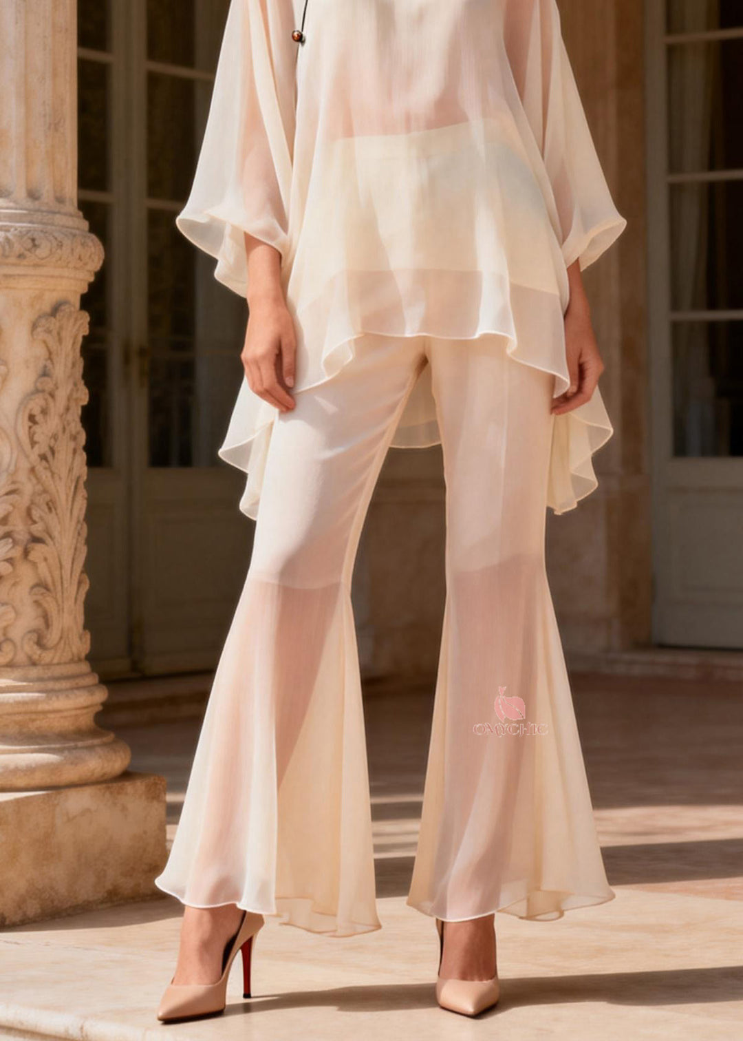 Plus Size Mandarin Collar Top And Pants Silk Two Piece Set Summer