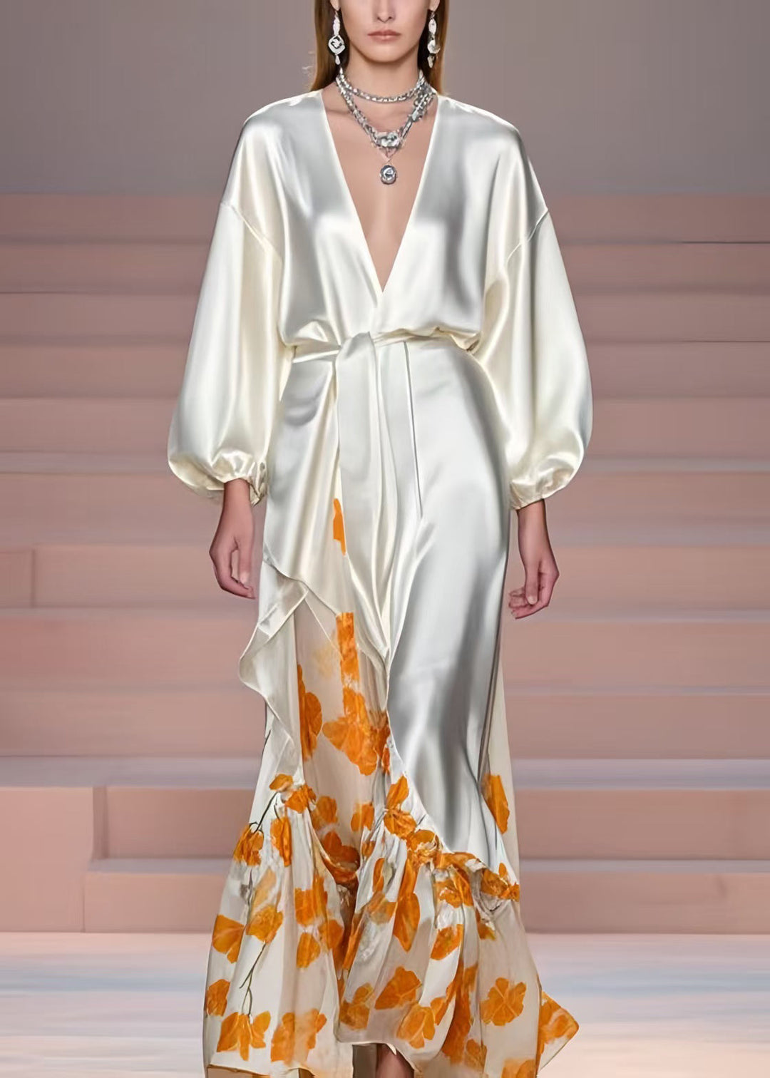 Plus Size Milk White V Neck Print Silk Vacation Dresses Spring