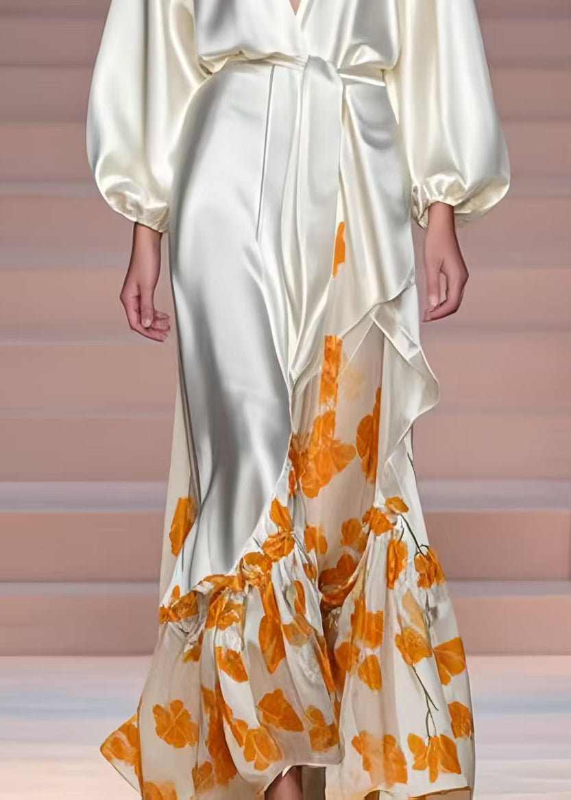 Plus Size Milk White V Neck Print Silk Vacation Dresses Spring