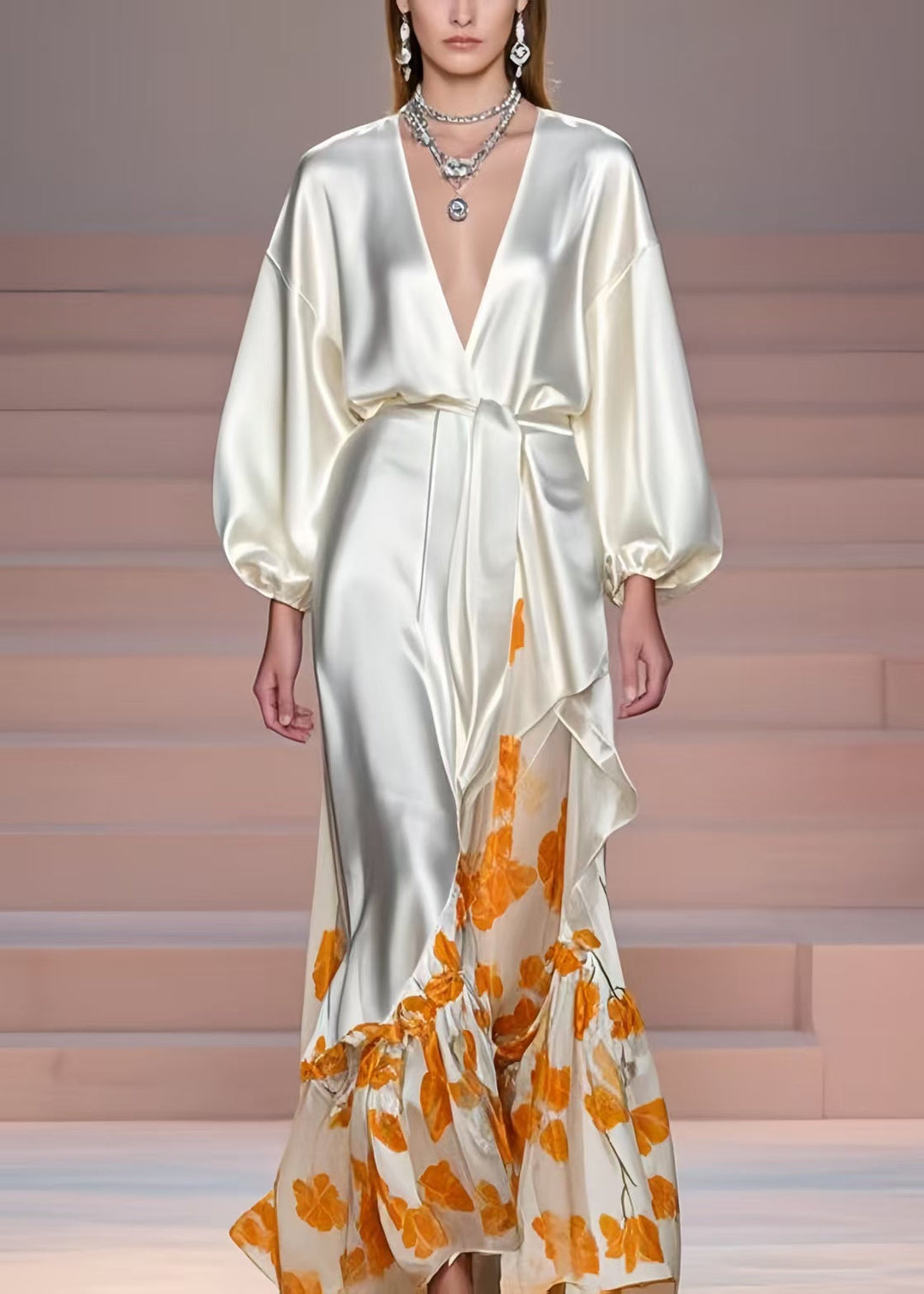 Plus Size Milk White V Neck Print Silk Vacation Dresses Spring