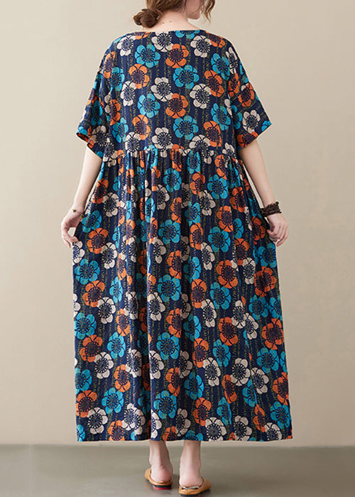 Plus Size Multi O Neck Print Cotton Long Dress Short Sleeve