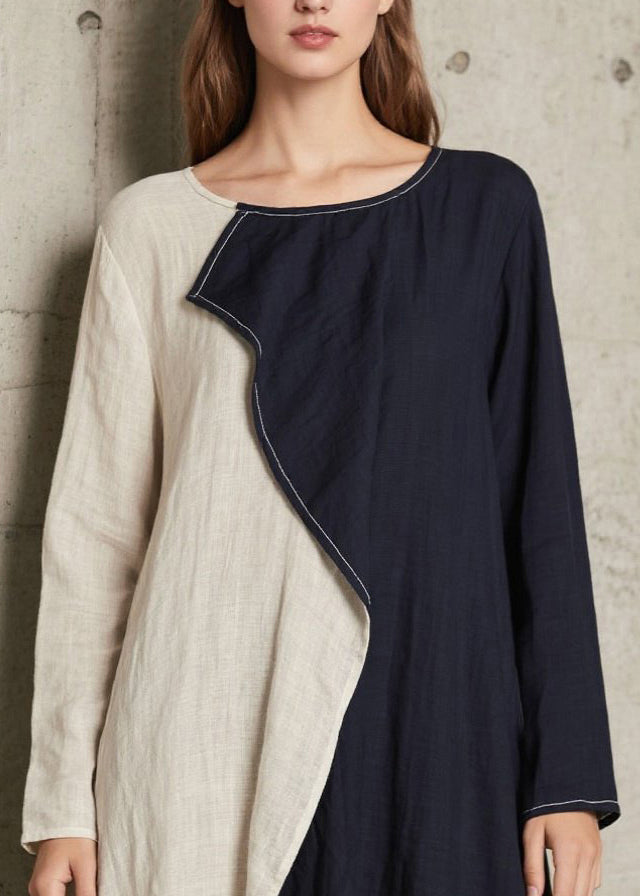 Plus Size Navy Asymmetrical Patchwork Cotton A Line Dress Spring