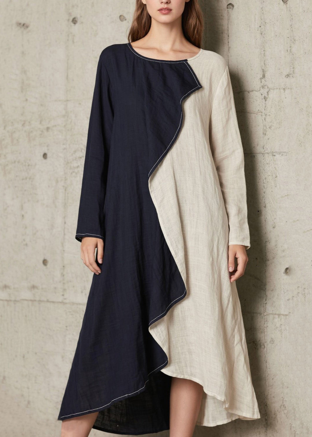 Plus Size Navy Asymmetrical Patchwork Cotton A Line Dress Spring