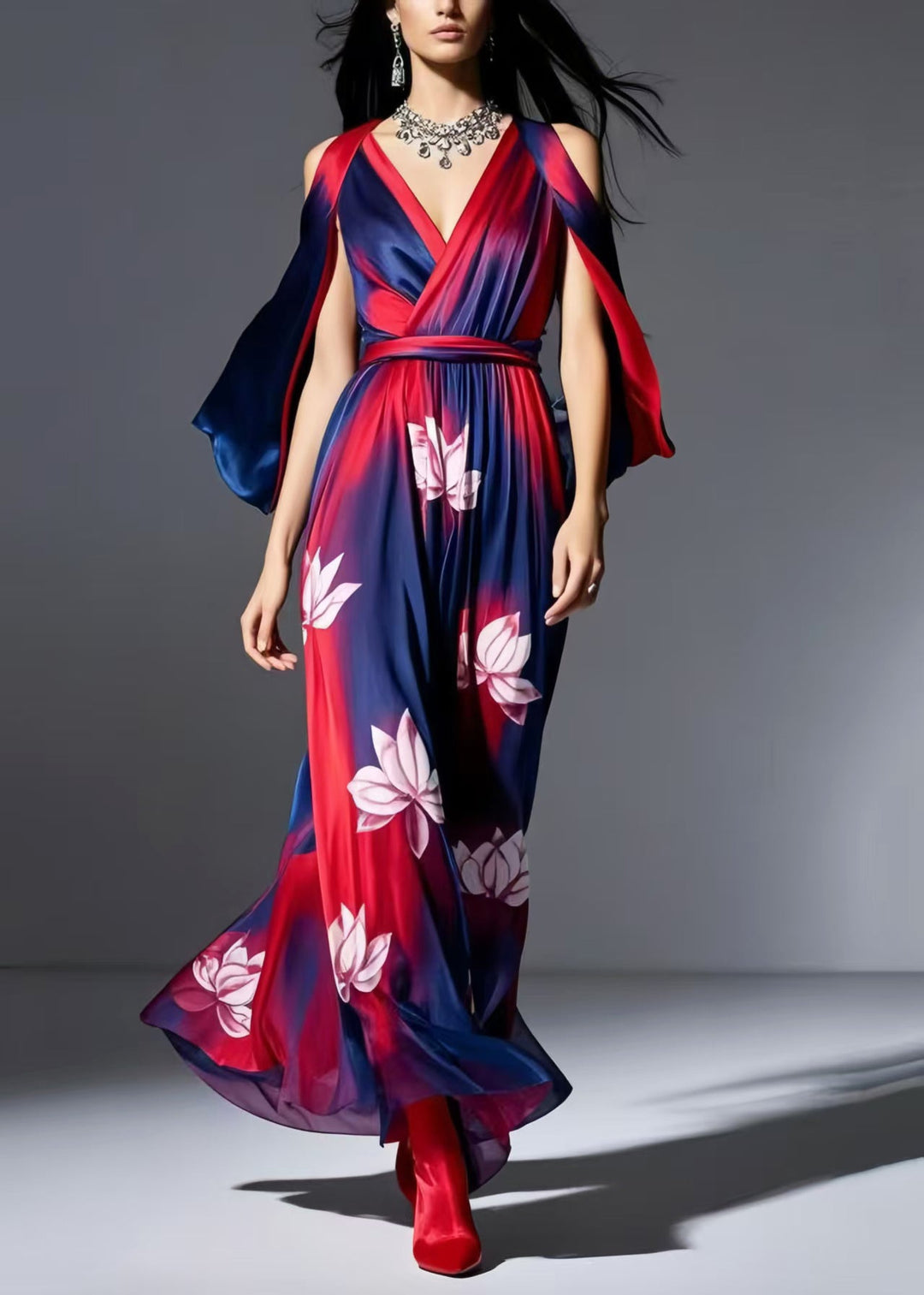 Plus Size Navy Cold Shoulder Tie Dye Chiffon Dresses Summer