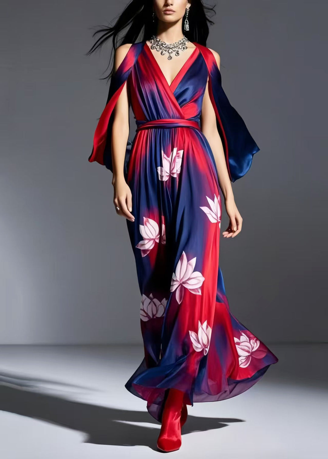 Plus Size Navy Cold Shoulder Tie Dye Chiffon Dresses Summer