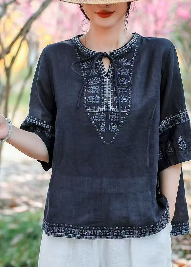 Plus Size Navy Embroidered Linen Blouses Summer