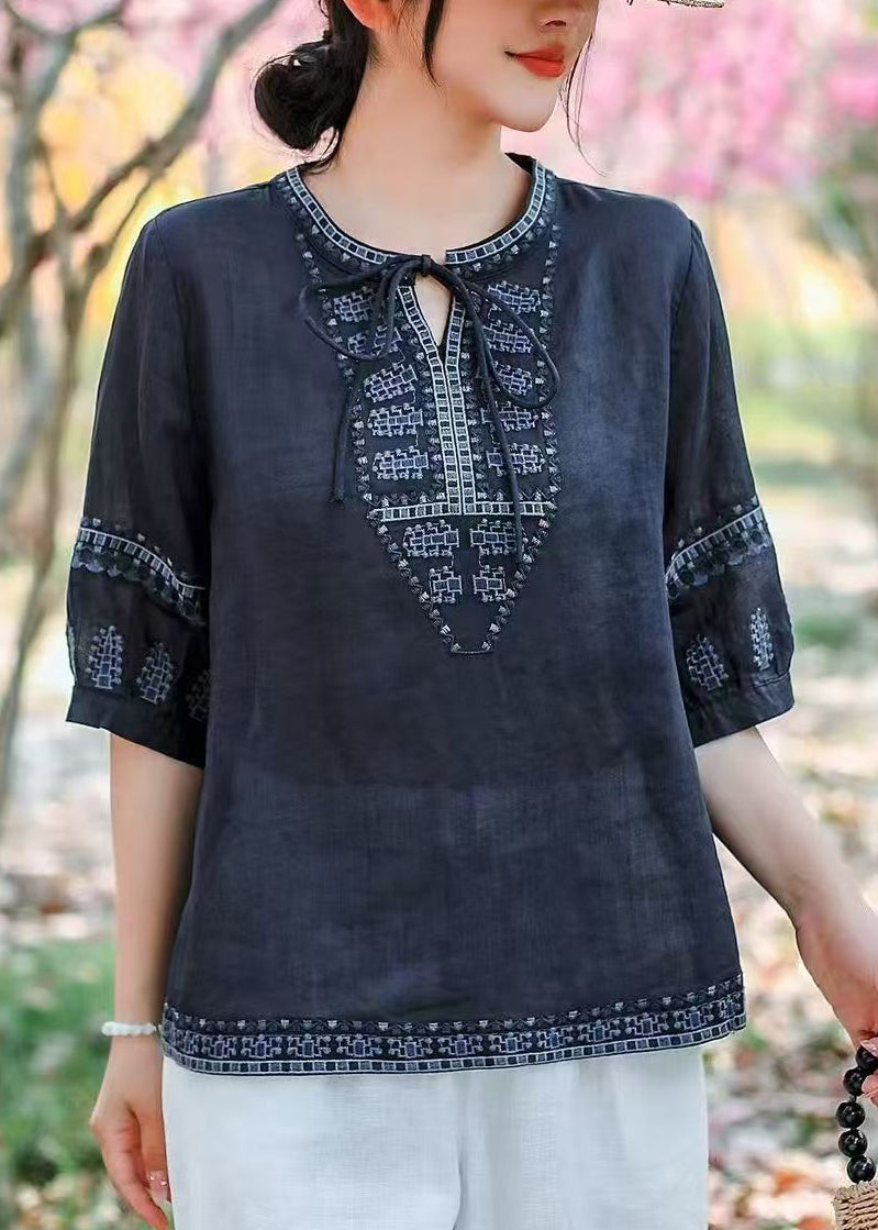 Plus Size Navy Embroidered Linen Blouses Summer