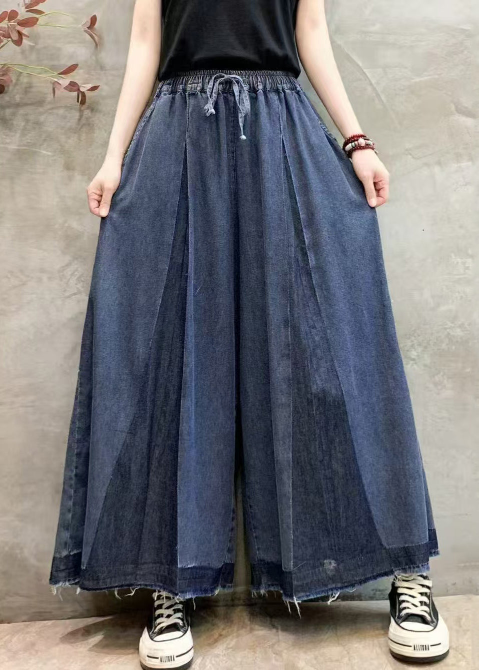Plus Size Navy Oversized Wrinkled Denim Wide Leg Pants Summer