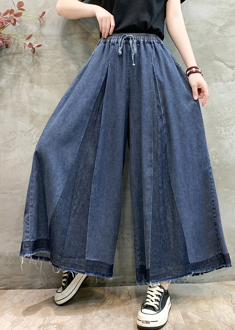 Plus Size Navy Oversized Wrinkled Denim Wide Leg Pants Summer