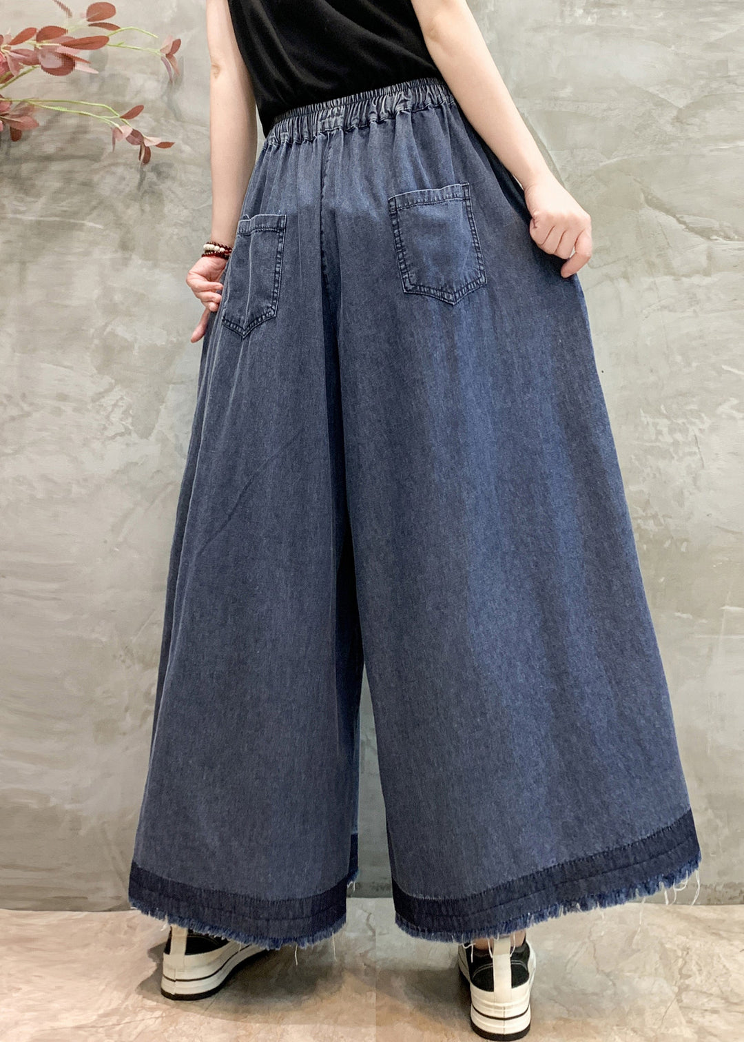 Plus Size Navy Oversized Wrinkled Denim Wide Leg Pants Summer