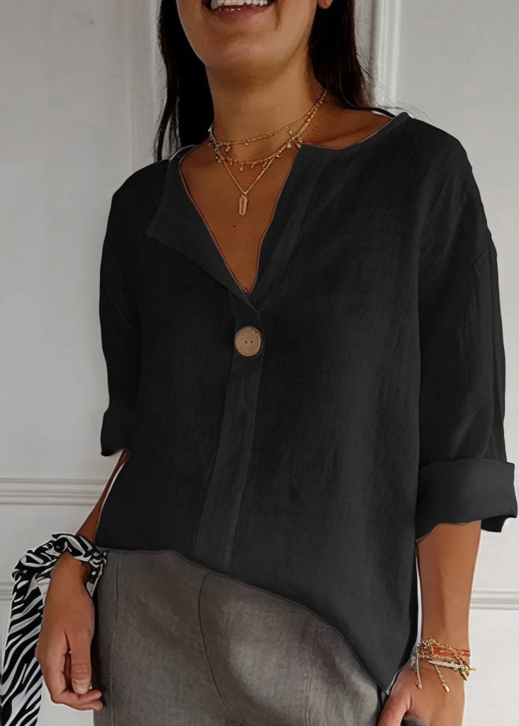 Plus Size Navy V Neck Button Cotton Top Summer