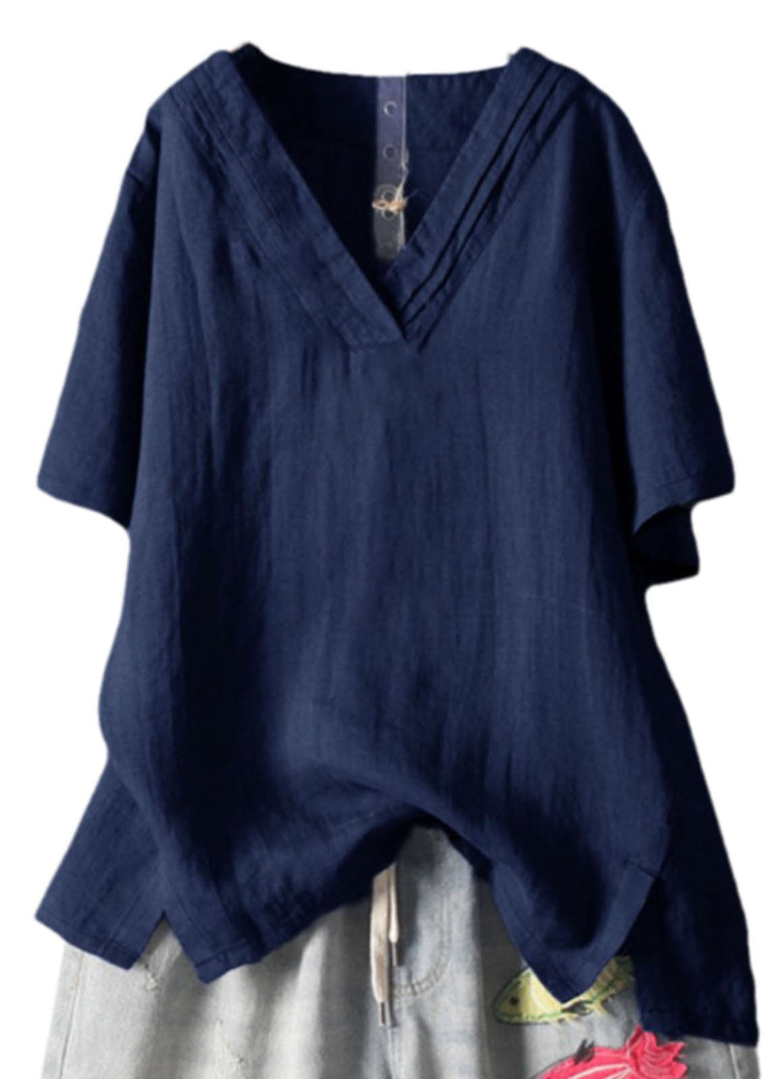 Plus Size Navy V Neck Wrinkled Linen Tank Summer