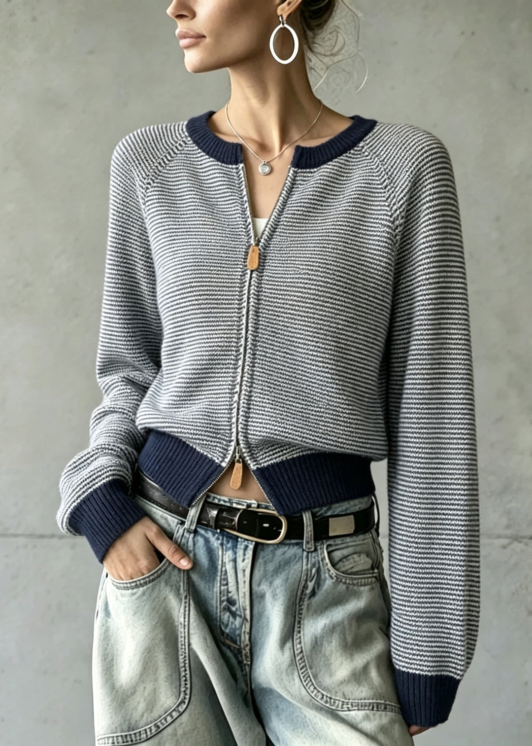 Plus Size Navy Zip Up Striped Knit Cardigan Fall