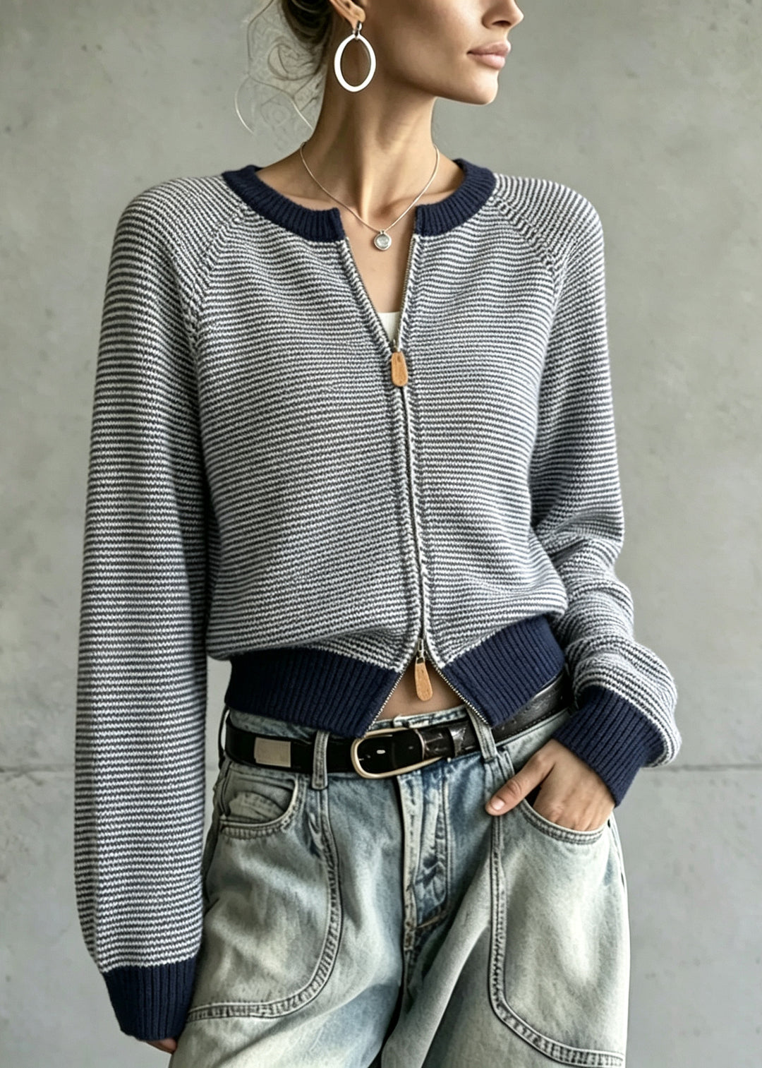 Plus Size Navy Zip Up Striped Knit Cardigan Fall