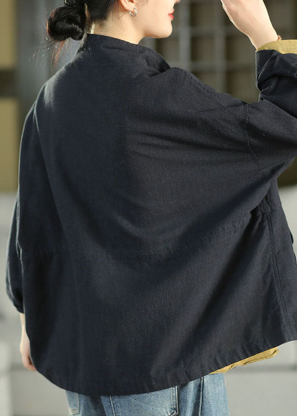 Plus Size Navy Zippered Pockets Drawstring Coat Fall