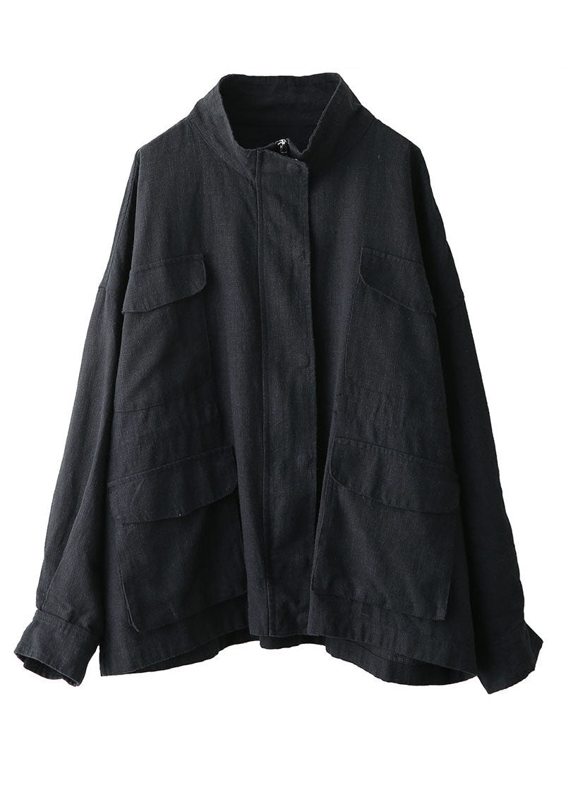 Plus Size Navy Zippered Pockets Drawstring Coat Fall