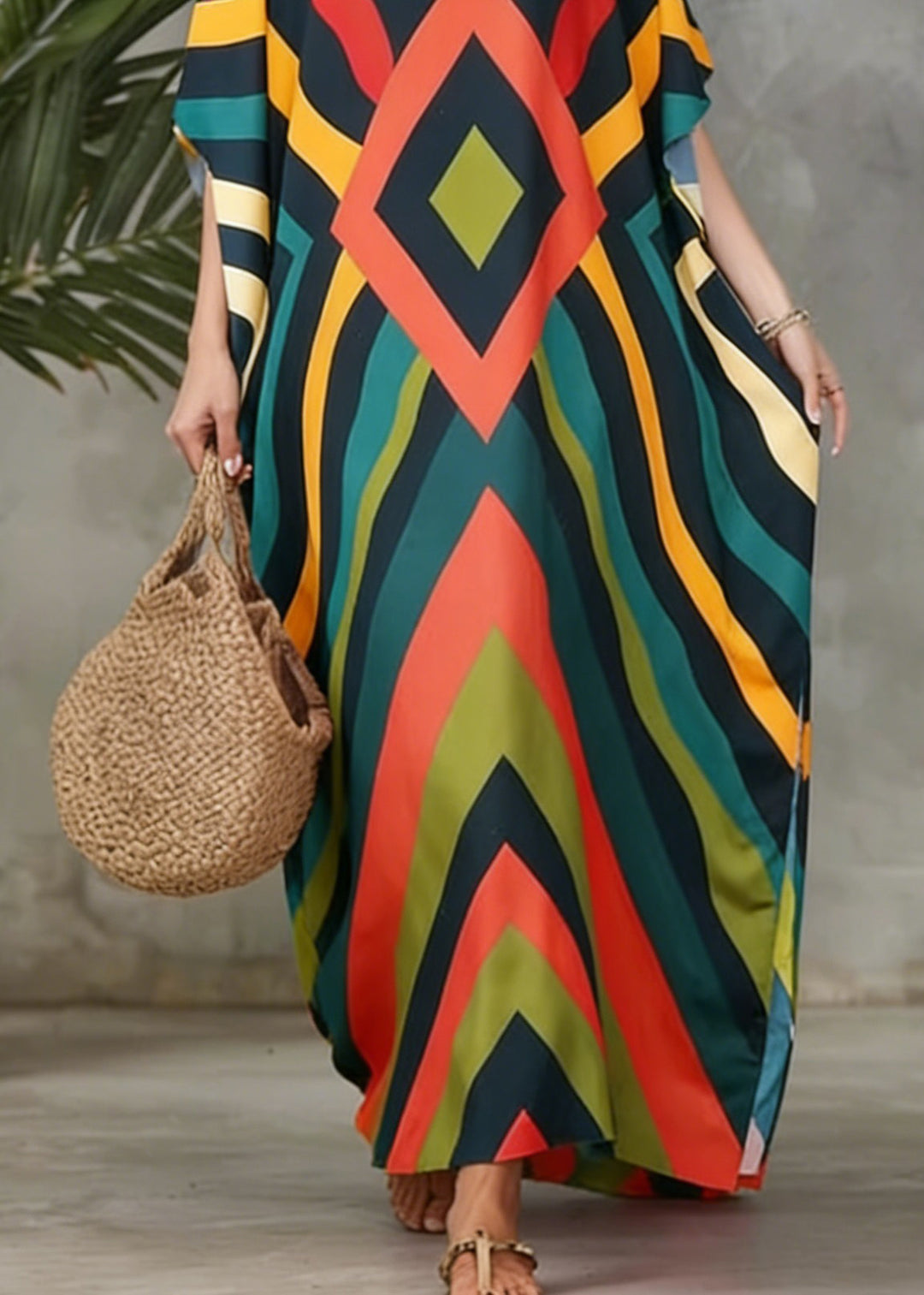 Plus Size O Neck Geometric Print Cotton Long Dress Spring