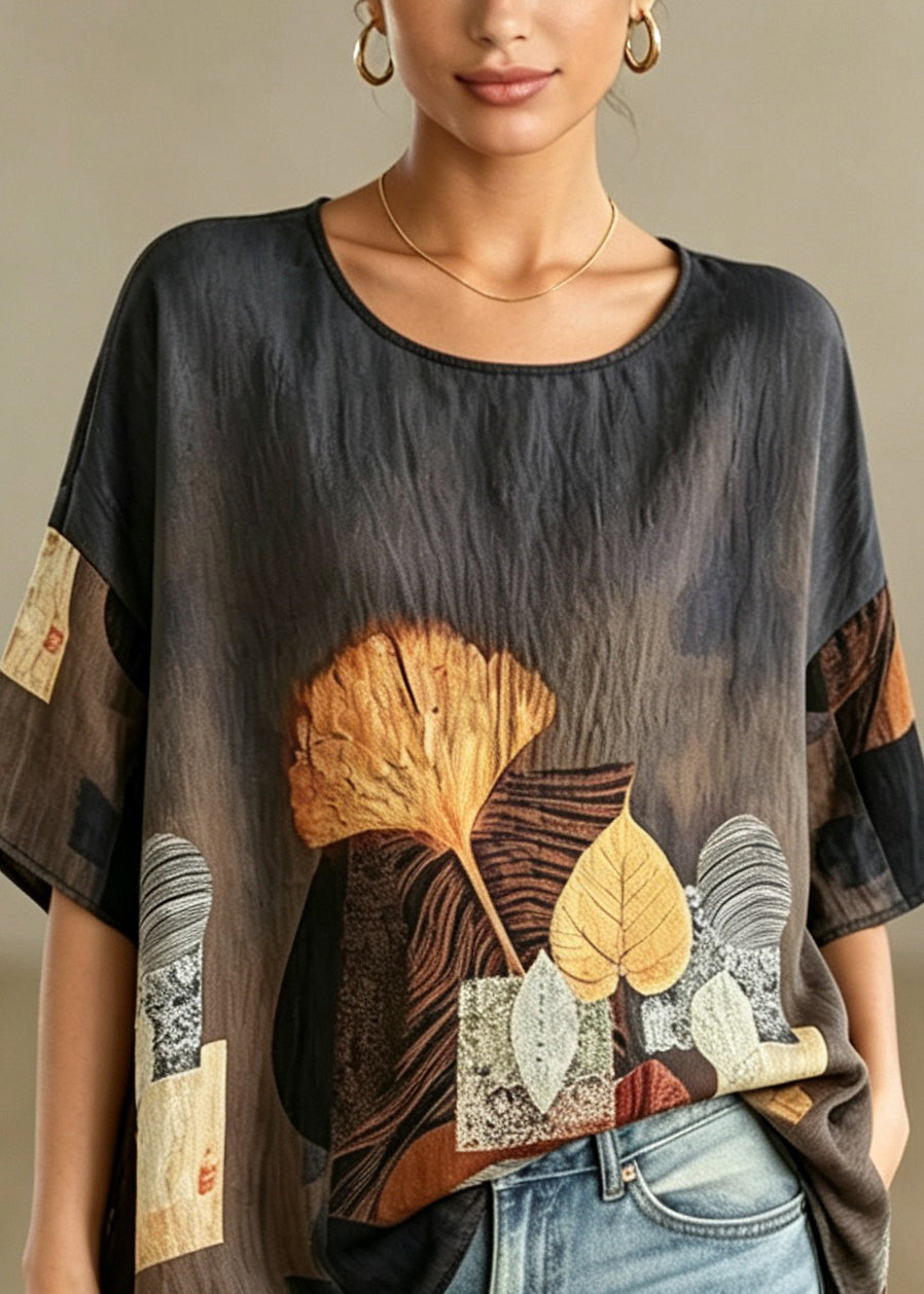 Plus Size O-Neck Leaves Print Top Half Sleeve