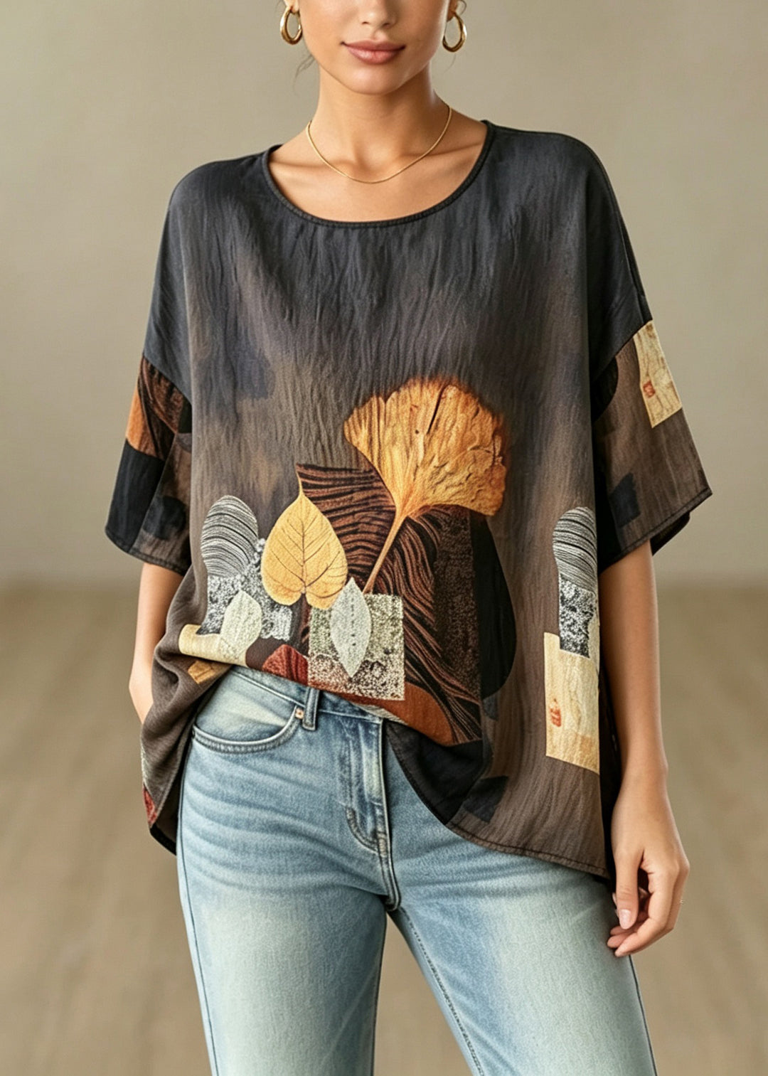 Plus Size O-Neck Leaves Print Top Half Sleeve