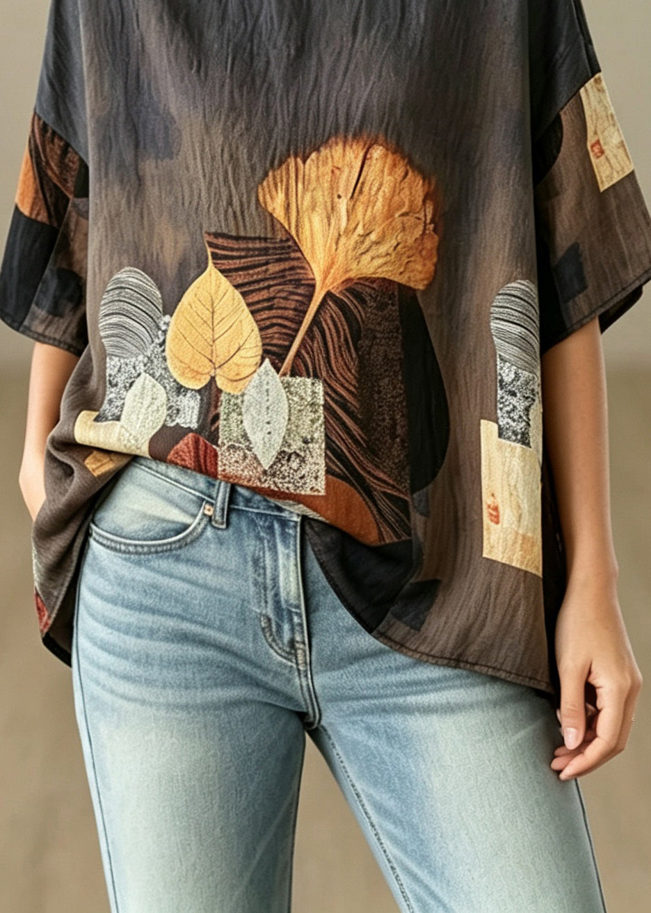 Plus Size O-Neck Leaves Print Top Half Sleeve