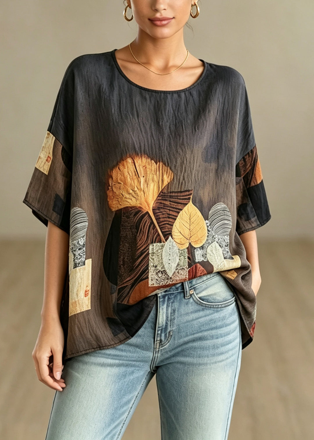 Plus Size O-Neck Leaves Print Top Half Sleeve