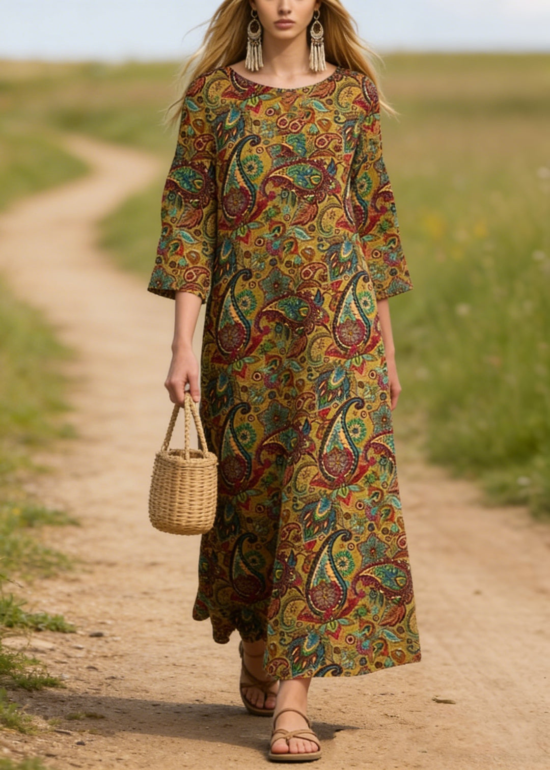 Plus Size O Neck Print Cotton Long Dresses Summer