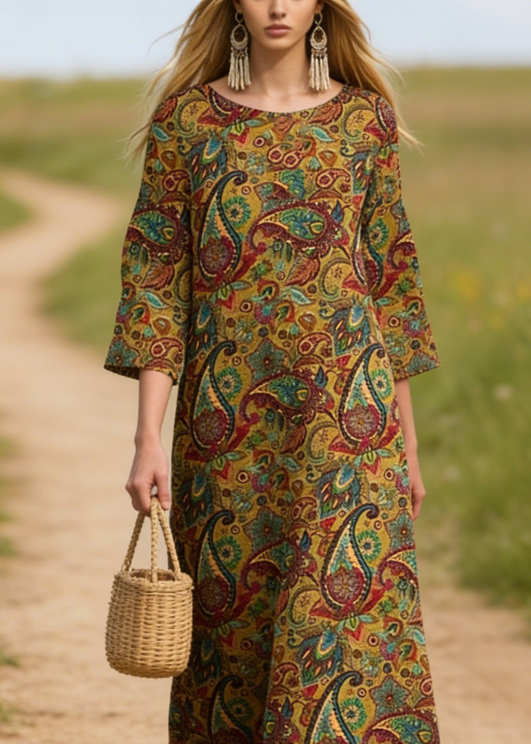 Plus Size O Neck Print Cotton Long Dresses Summer