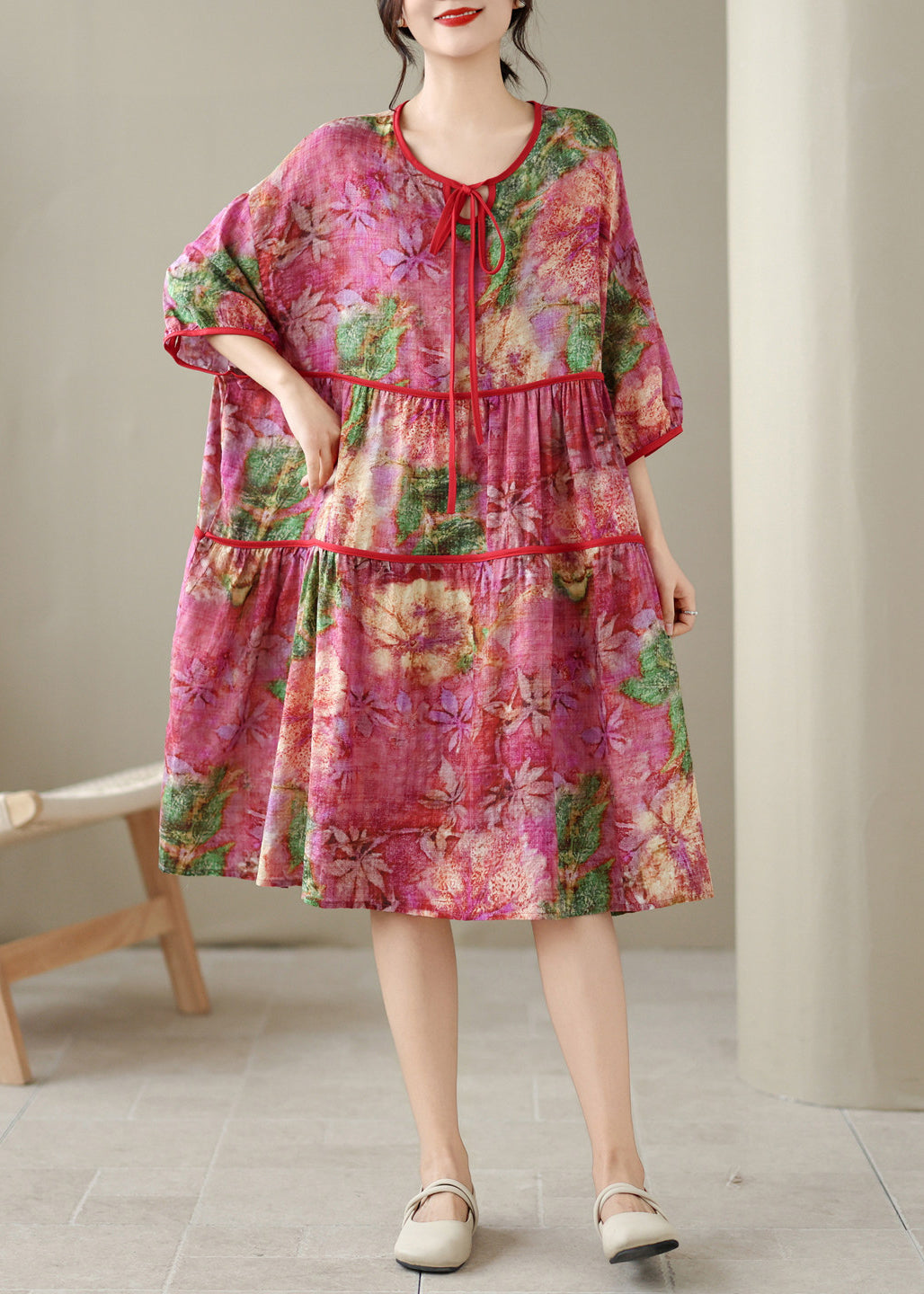Plus Size O Neck Print Patchwork Cotton Mid Dress Summer