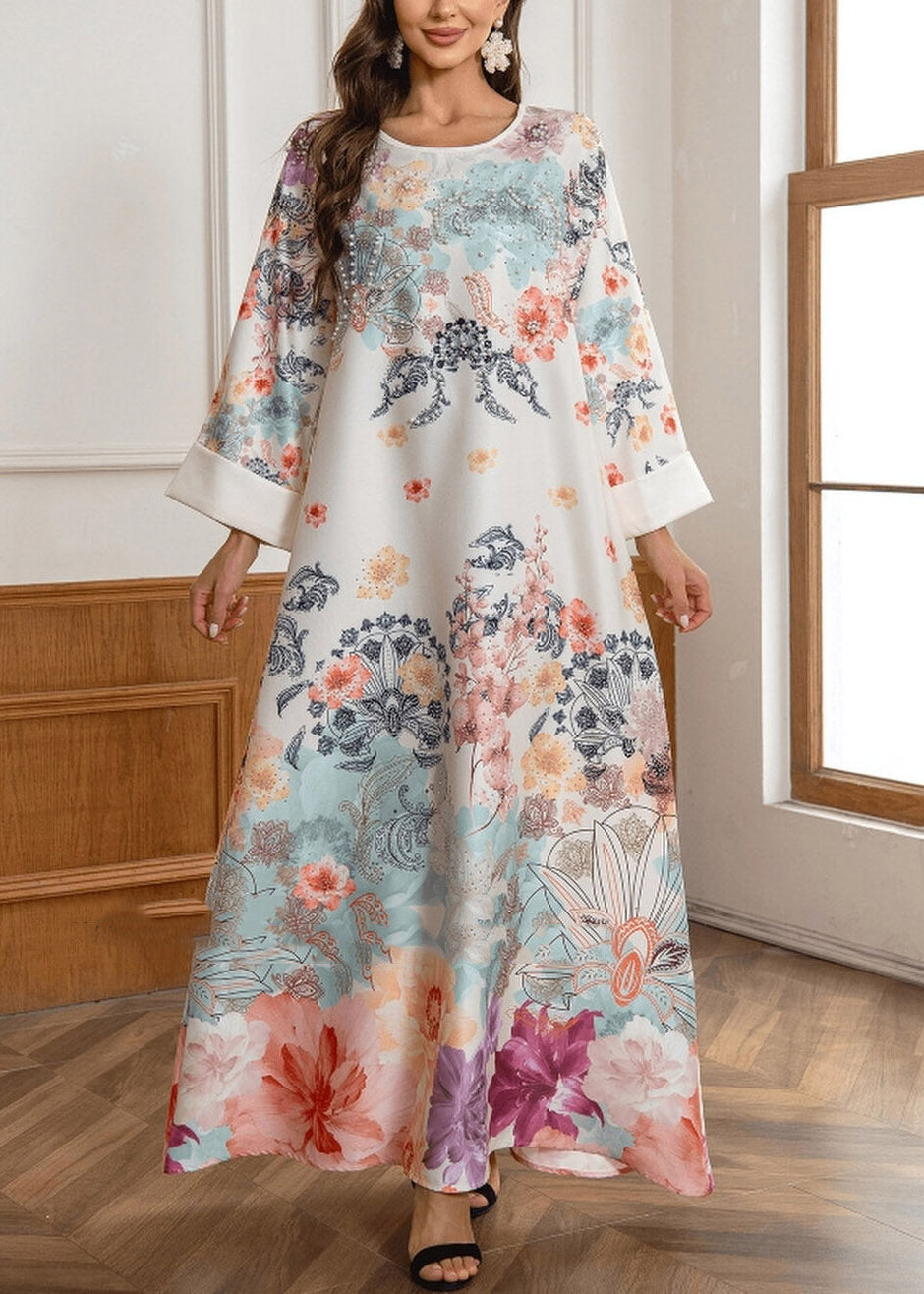 Plus Size O-Neck Print Zircon Maxi Dresses Fall