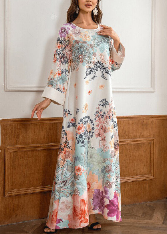 Plus Size O-Neck Print Zircon Maxi Dresses Fall