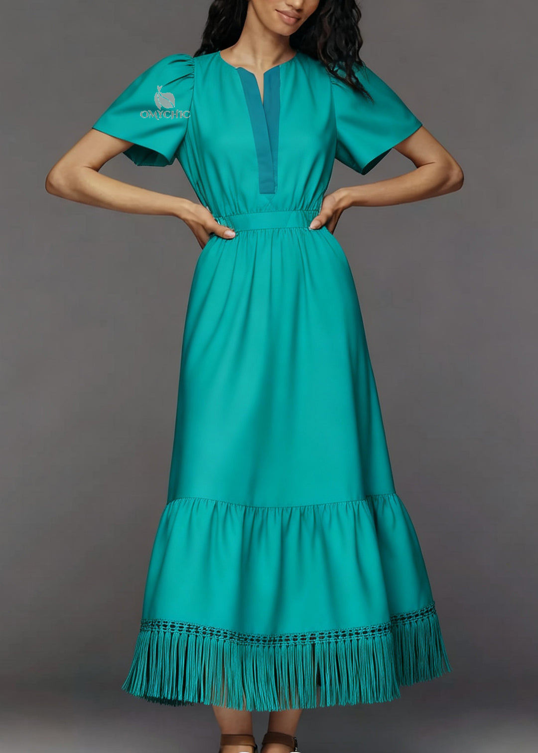 Plus Size O Neck Tassel Patchwork Cotton Ankle Dress Summer