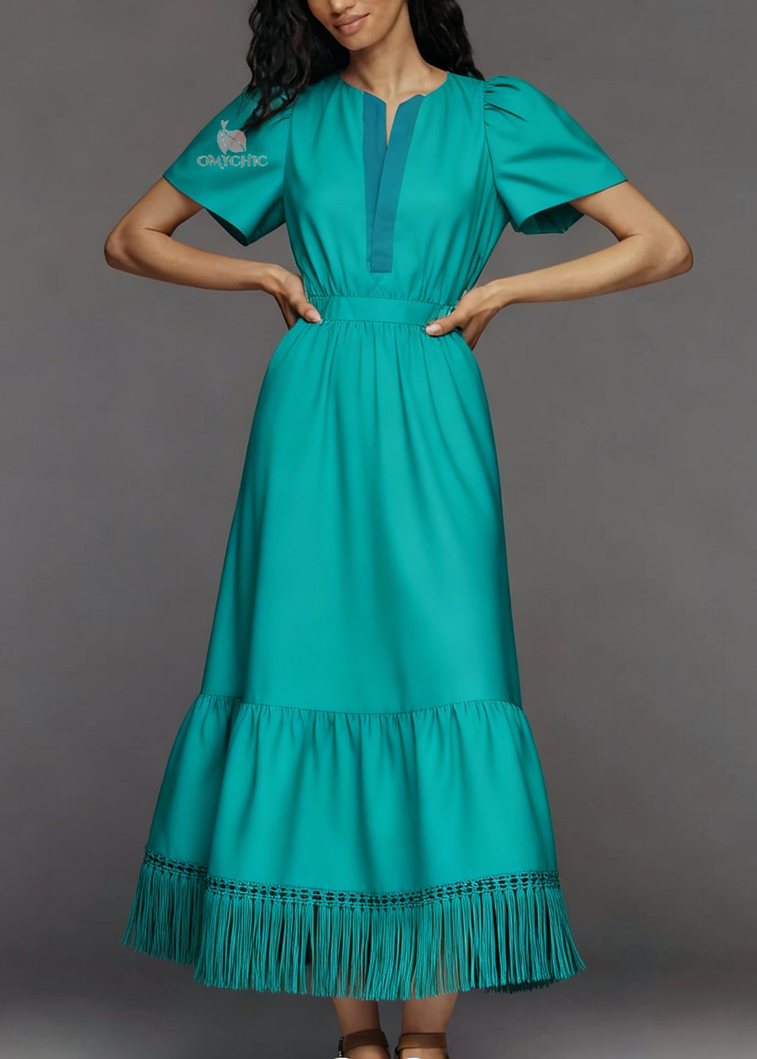 Plus Size O Neck Tassel Patchwork Cotton Ankle Dress Summer