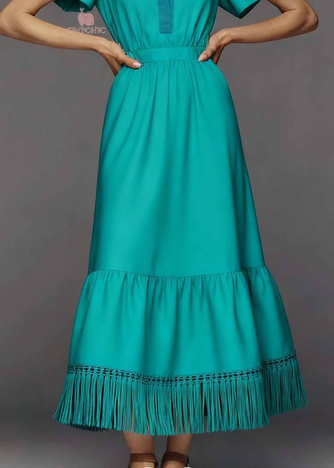 Plus Size O Neck Tassel Patchwork Cotton Ankle Dress Summer