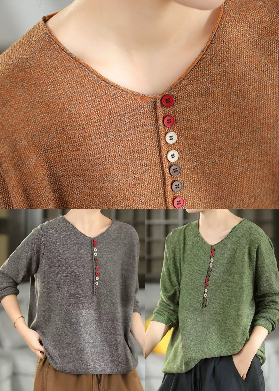 Plus Size Orange Button Warm Knit Short Sweater Winter
