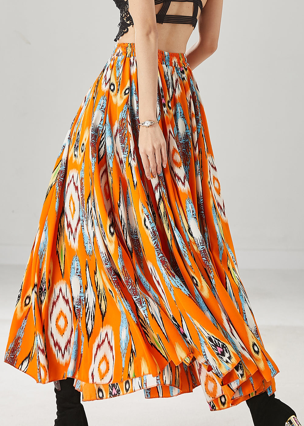 Plus Size Orange Elastic Waist Print Chiffon Skirt Spring – Omychic