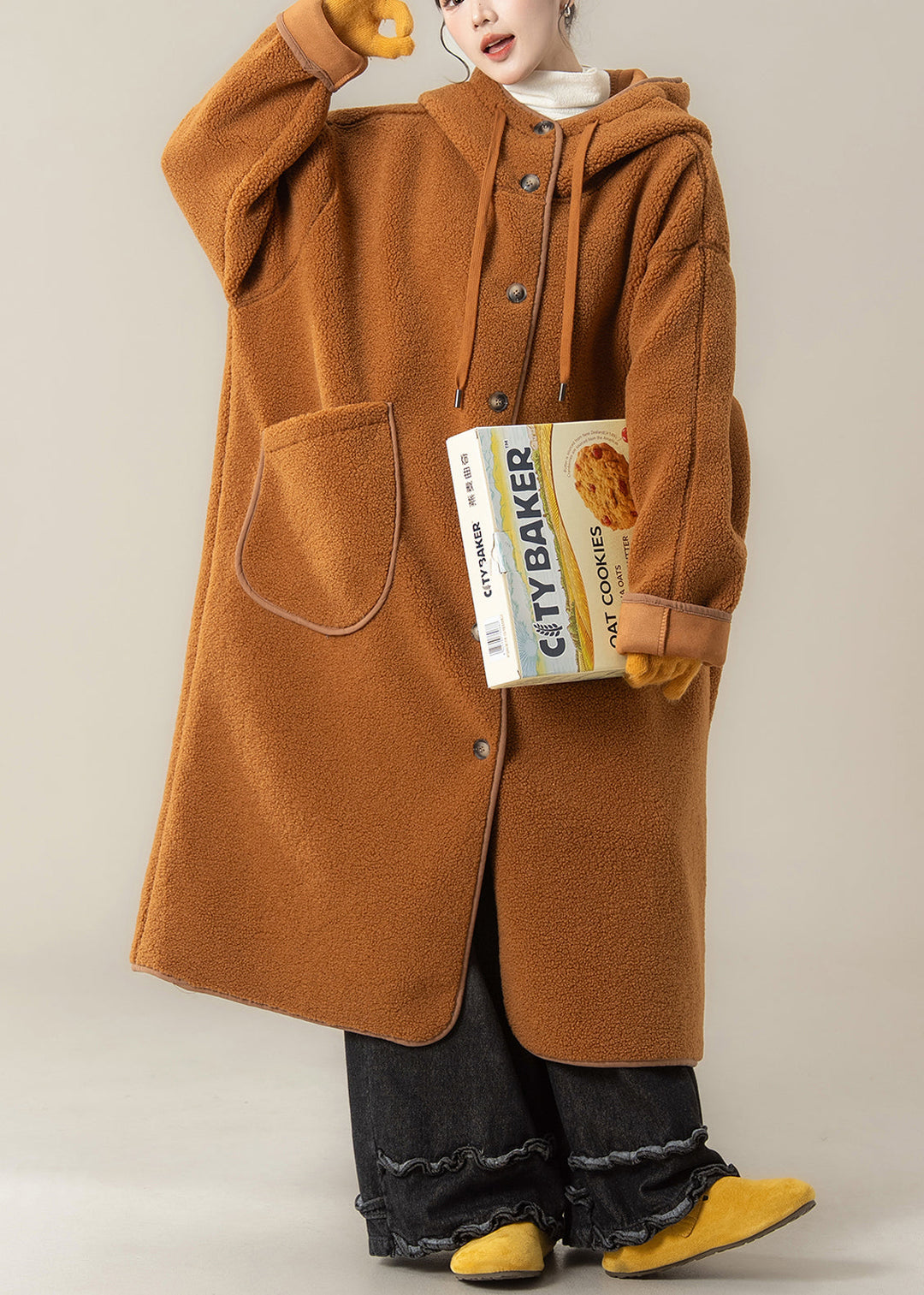 Plus Size Orange Hooded Button Pockets Teddy Faux Fur Coats Winter