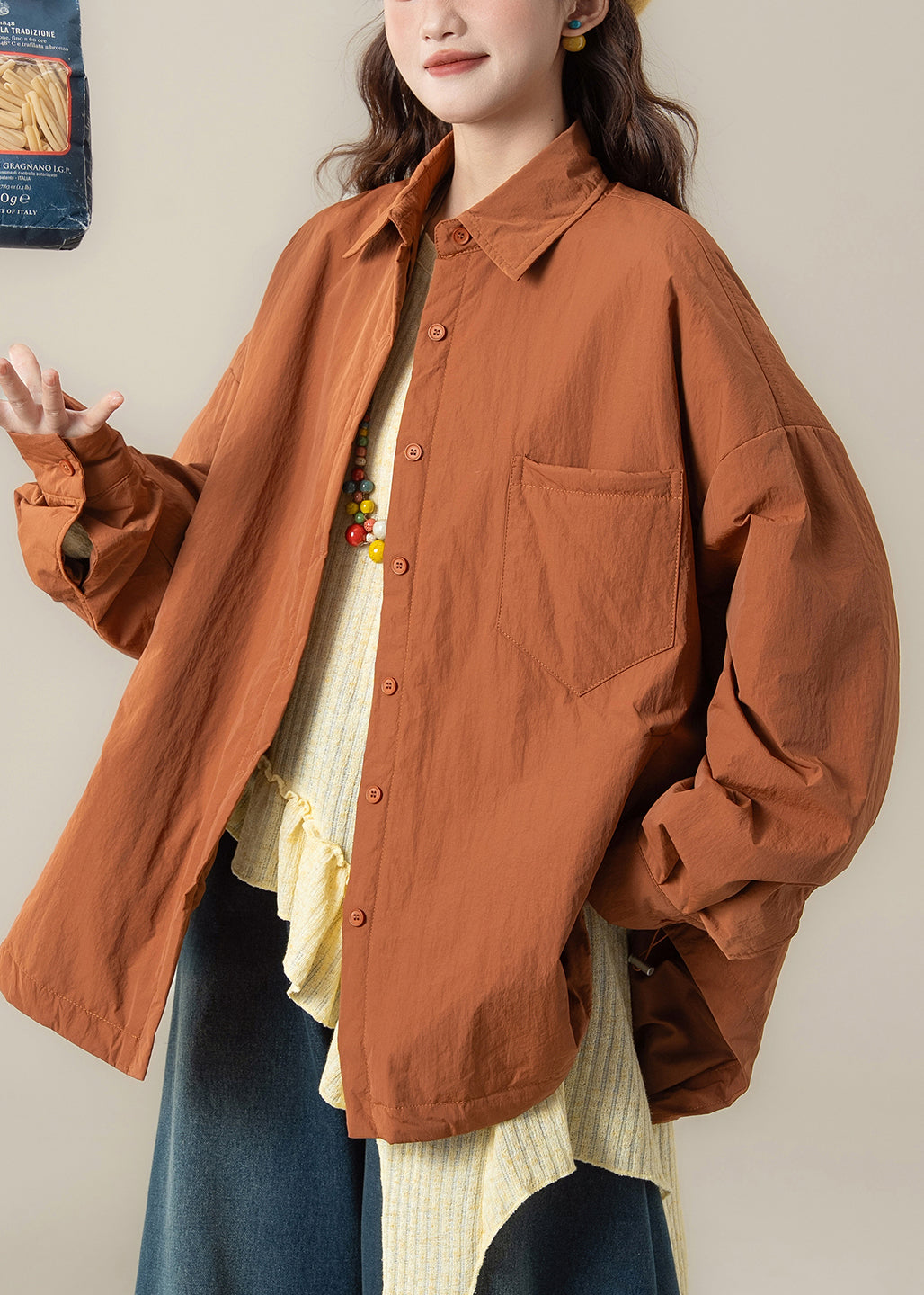 Plus Size Orange Peter Pan Collar Pockets Cotton Filled Coats Spring