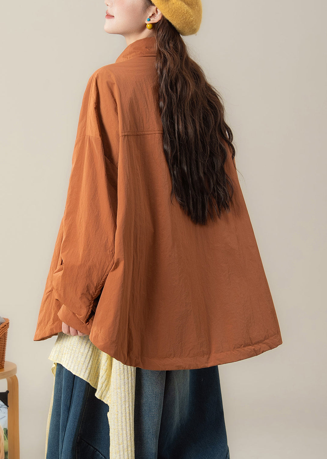 Plus Size Orange Peter Pan Collar Pockets Cotton Filled Coats Spring