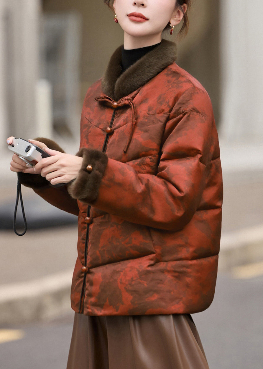 Plus Size Orange Print Chinese Button Duck Down Winter Coats Winter