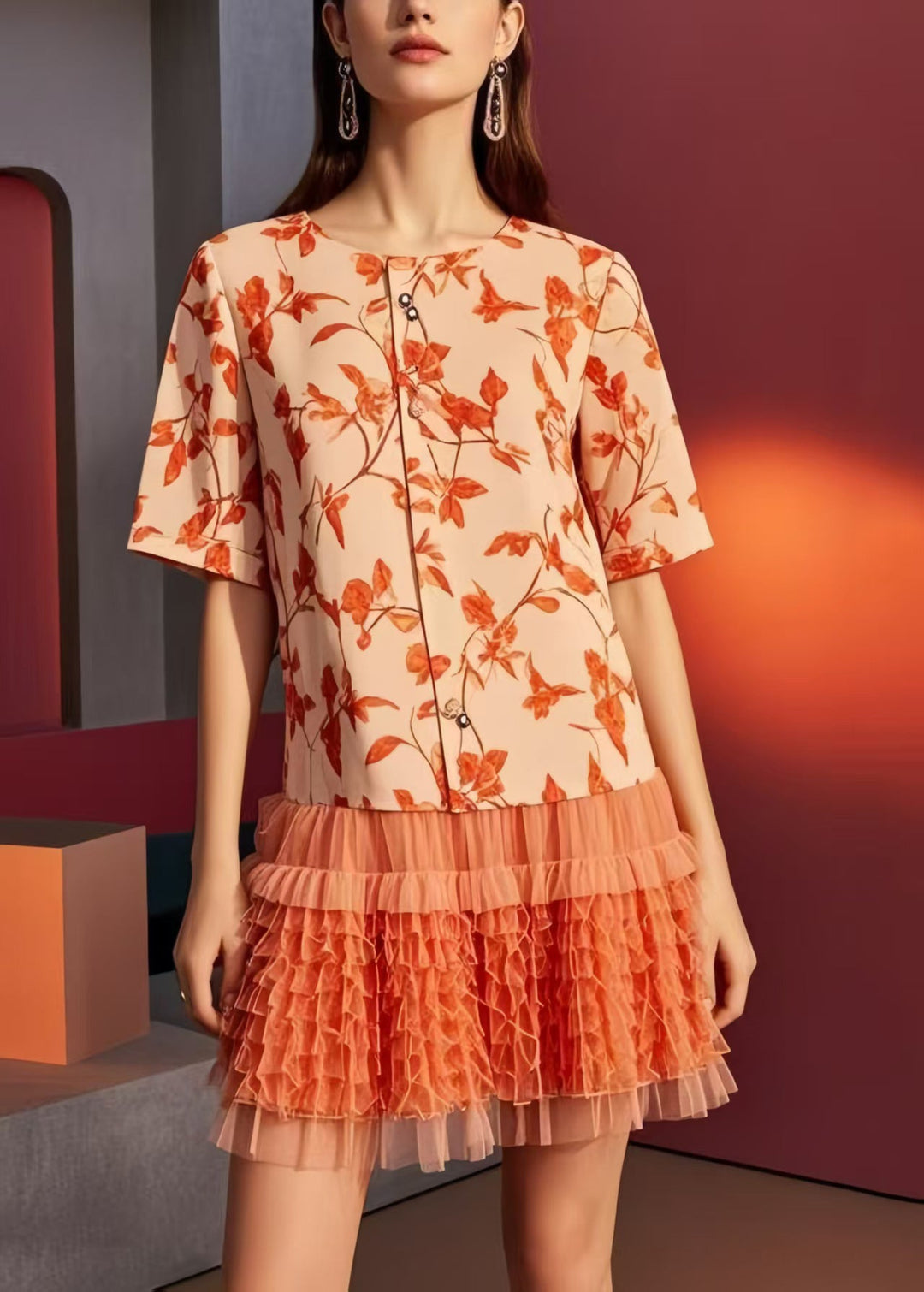 Plus Size Orange Print Patchwork Ruffled Chiffon Mini Dresses Summer